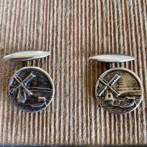 Vintage round silver tone Dutch windmill themed chain link cuff links